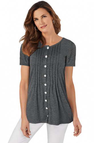 Gray Button Up Crinkle Chest T Shirt