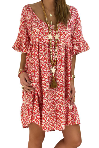 Red Loose Scoop Neck Floral Dress