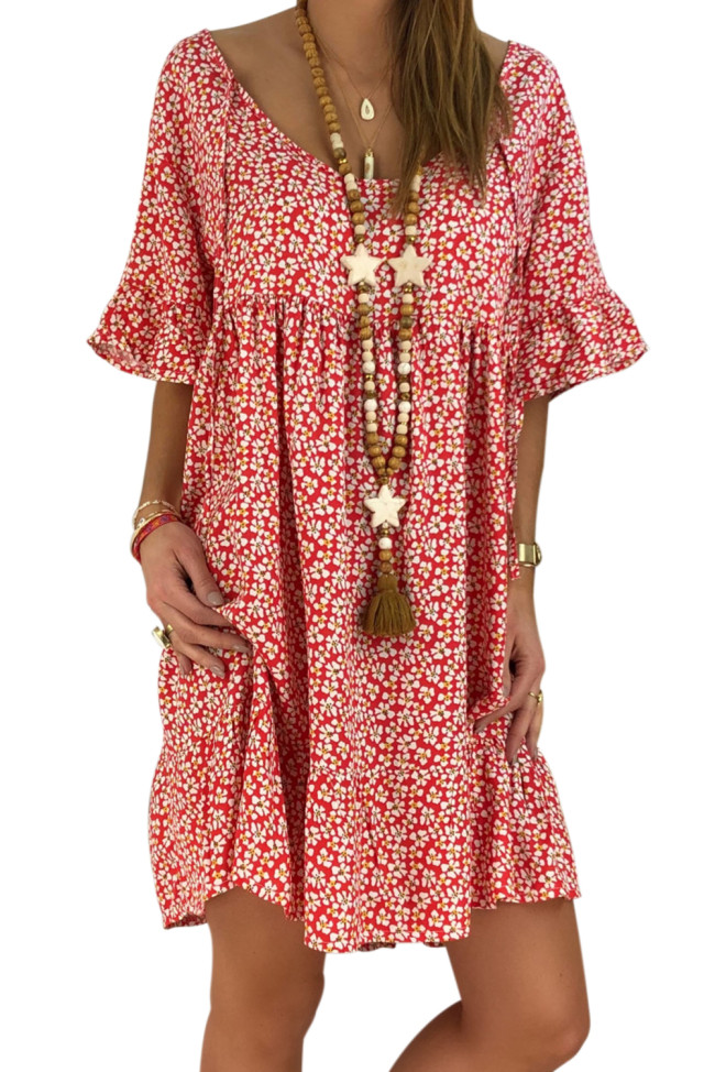 Red Loose Scoop Neck Floral Dress