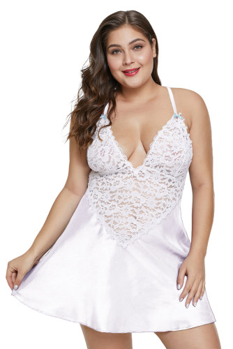 White Plus Size Satin and Lace Chemise Set