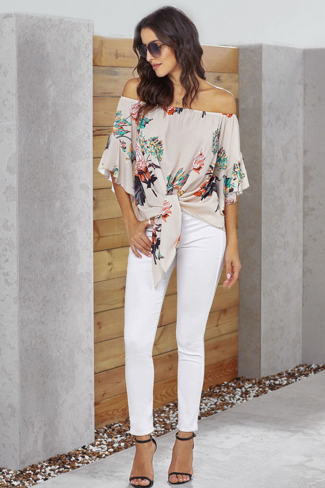 Apricot Off Shoulder Floral Tie Front High Low Chiffon Blouse
