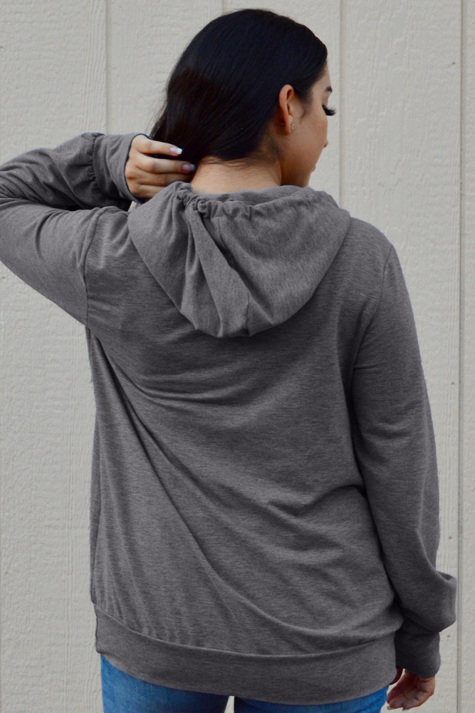 Gray Long Sleeve Hoodie with Rope Drawstring