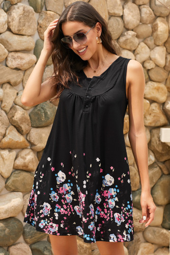 Black Crew Neck A-Line Daily Beach Floral Dress