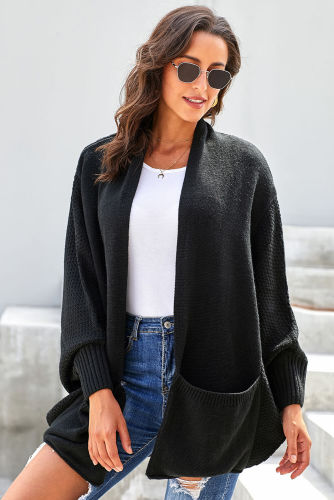 Black Patch Pockets Batwing Sleeve Cardigan