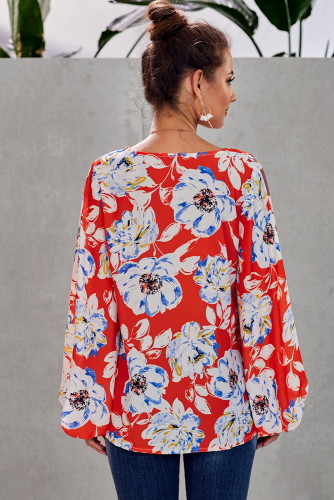 Orange Boho Print Balloon Sleeve Blouse