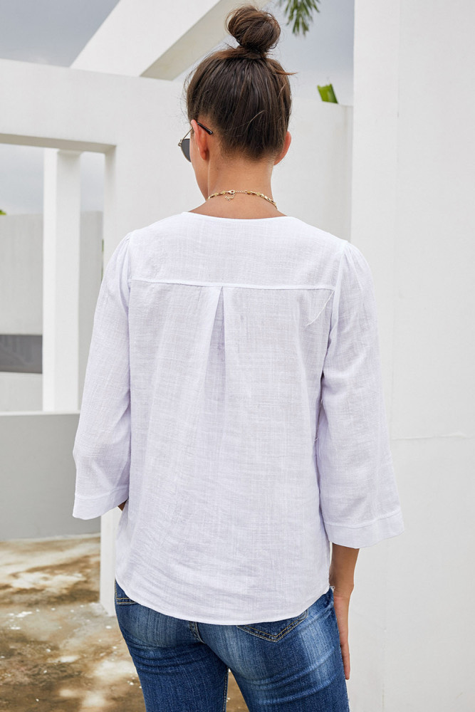 White Boho Embroidered V Neck 3/4 Sleeve Casual Blouse