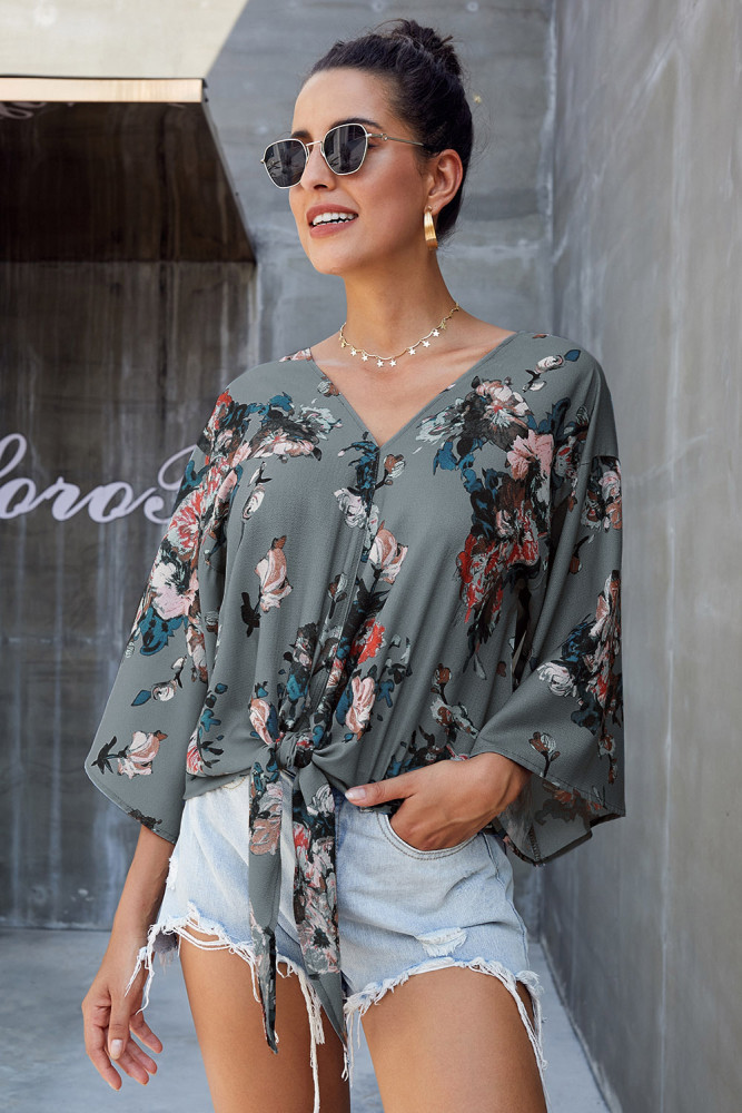 Green Floral Printed Deep V Neck Tie Front Blouse
