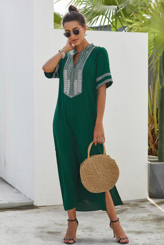 Green Bohemian Floral Print Split Maxi Dress