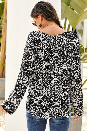 Black Long Sleeve V Neck Printed Chiffon Blouse