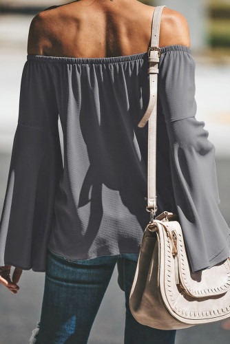 Gray Off The Shoulder Bell Sleeve Tie Blouse