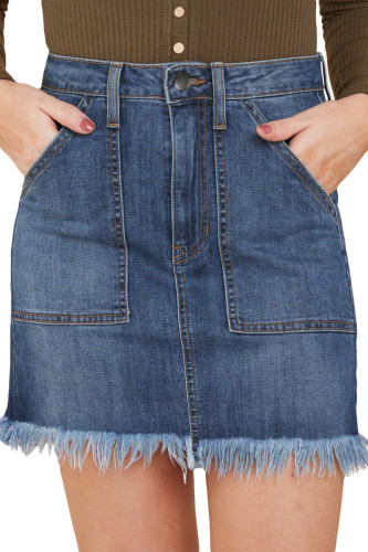 Sky Blue Distressed Hem Denim Skirt