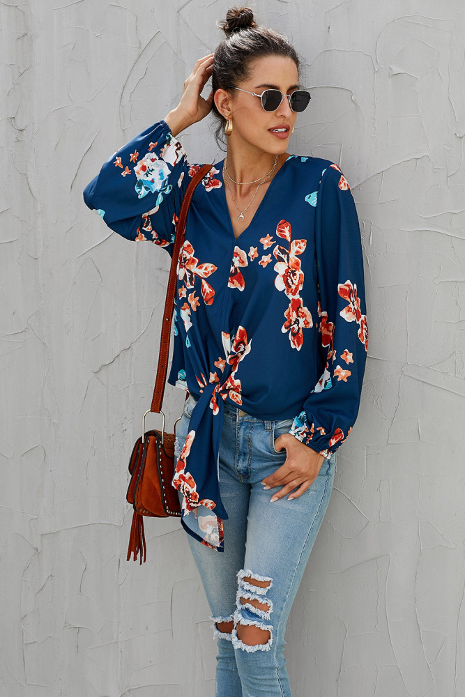 Orange V Neck Long Sleeve Tie Front Blouse