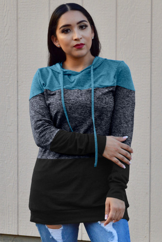 Sky Blue Color Block Long Sleeve Pullover Knit Hoodie