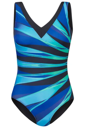 Sky Blue Plus Size Striped Print V Neck Maillot Swimsuit