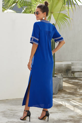 Blue Bohemian Floral Print Split Maxi Dress