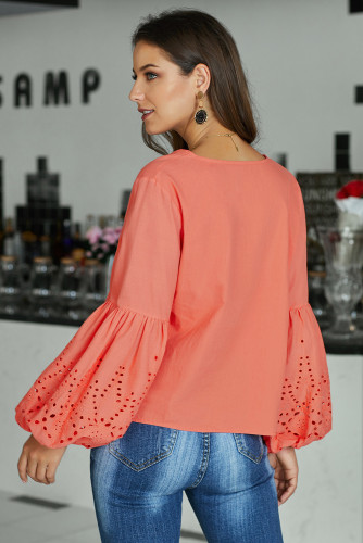 Coral Rhapsody Cotton Balloon Sleeve Tie Top
