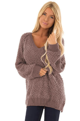 Brown Ribbed V Neckline Popcorn Knit Sweater