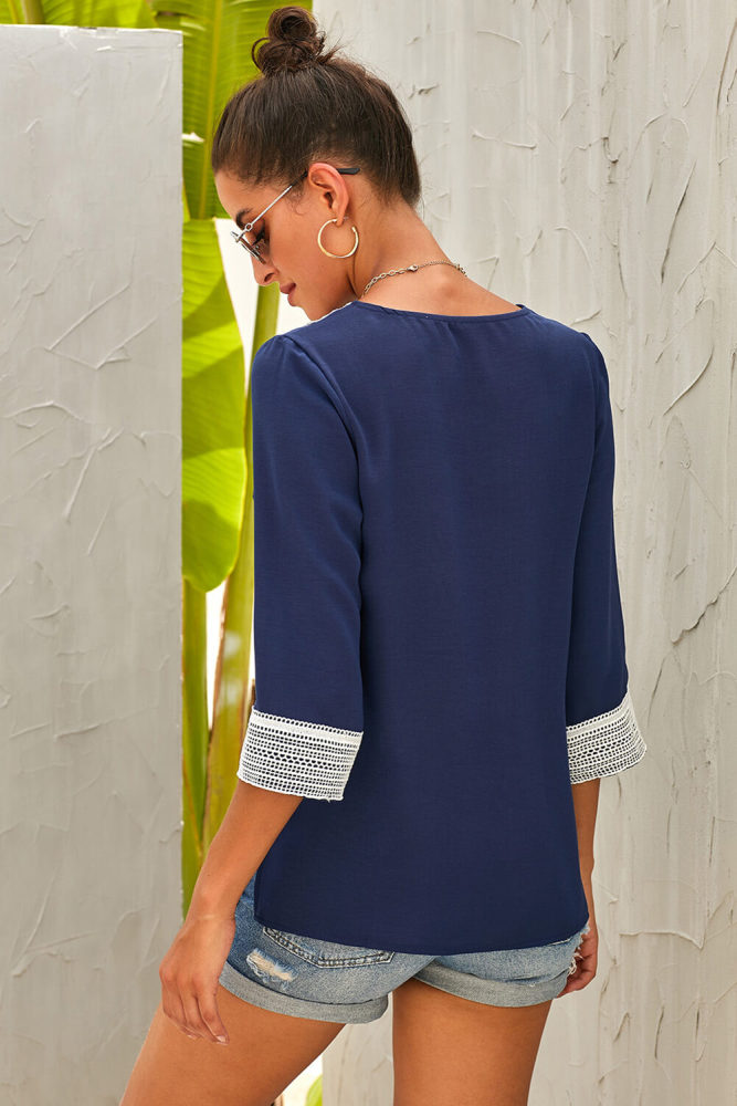 Blue Summer Boho Embroidered V Neck Loose Blouse