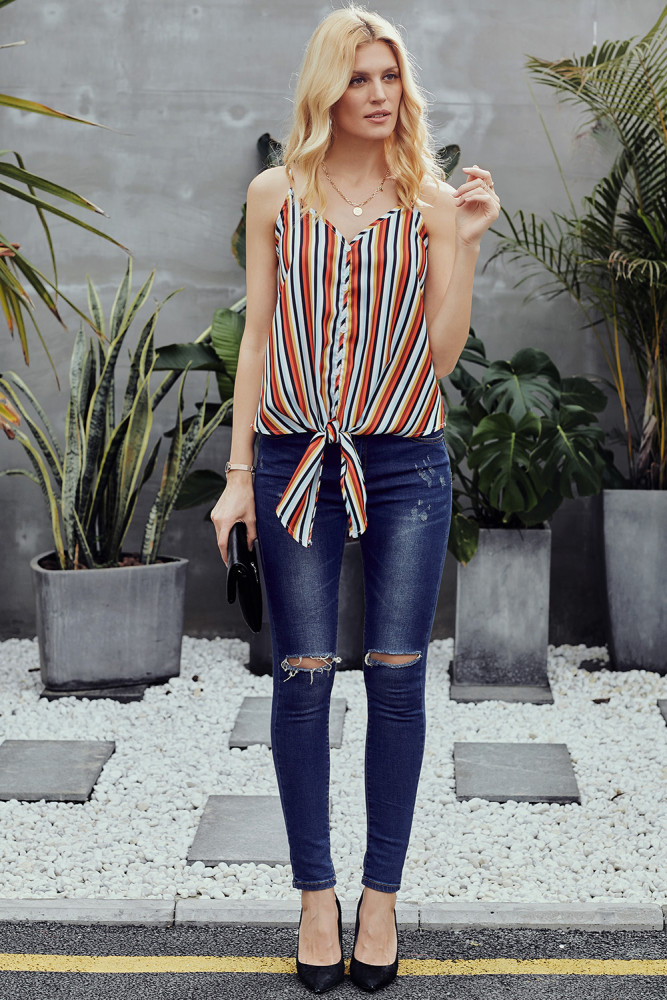Multicolor Summer Sleeveless V Neck Spaghetti Straps Vest