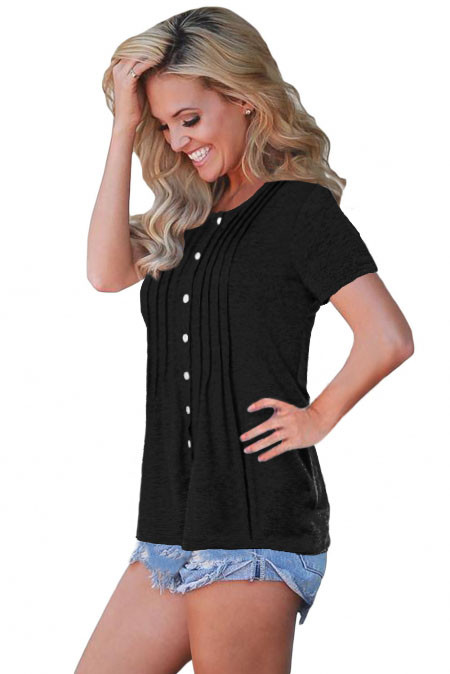 Black Button Up Crinkle Chest T Shirt
