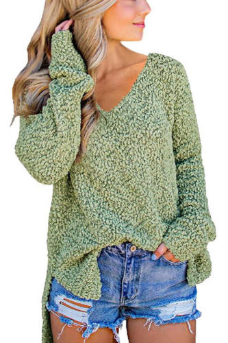 Green V Neck Popcorn Texture Loose Fit Sweater