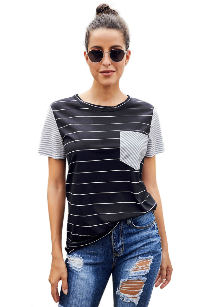 Black Striped Short Sleeve Contrast Color T-Shirt with Pocket