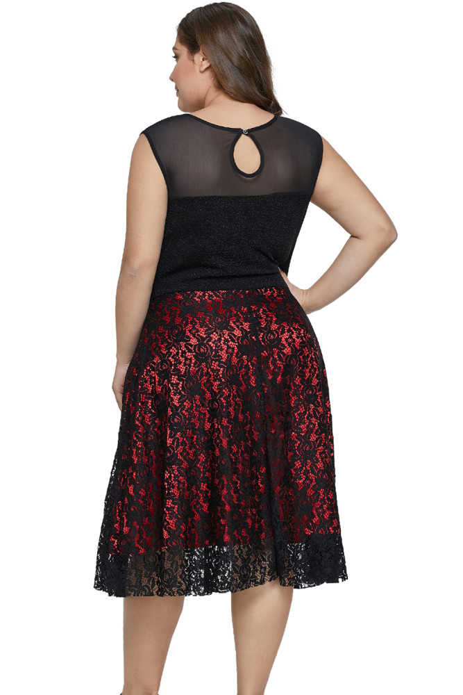 Red Sleeveless Flared Lace Plus Size Dress