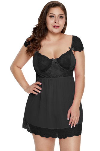 Black Plus Size Mesh and Lace Babydoll Set