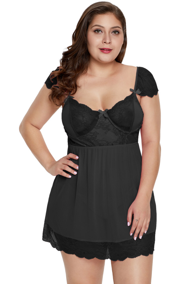 Black Plus Size Mesh and Lace Babydoll Set