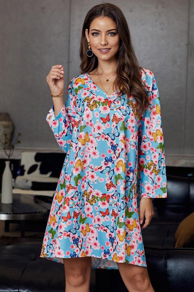Multicolor Printed V-Neck Three Quarter Sleeve Loose Dress
