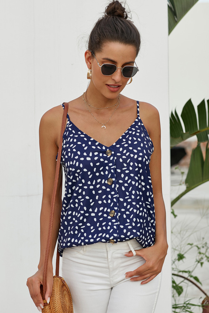 Sky Blue Button Front V Neck Spaghetti Straps Tank Top