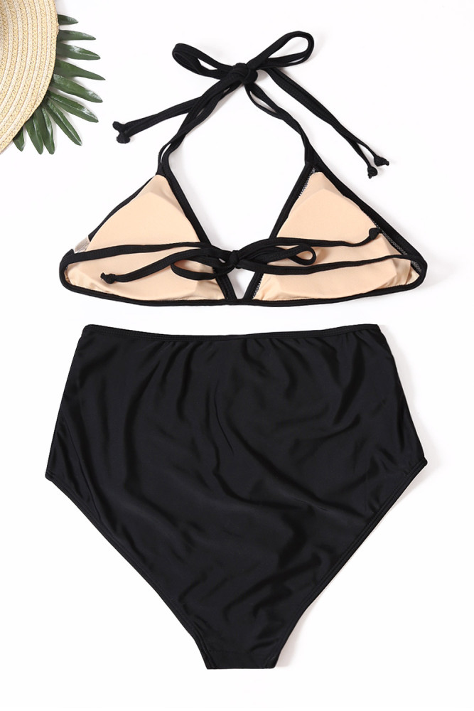 Black Embroidery Mesh Splicing High-waisted Swimsuit Bikini