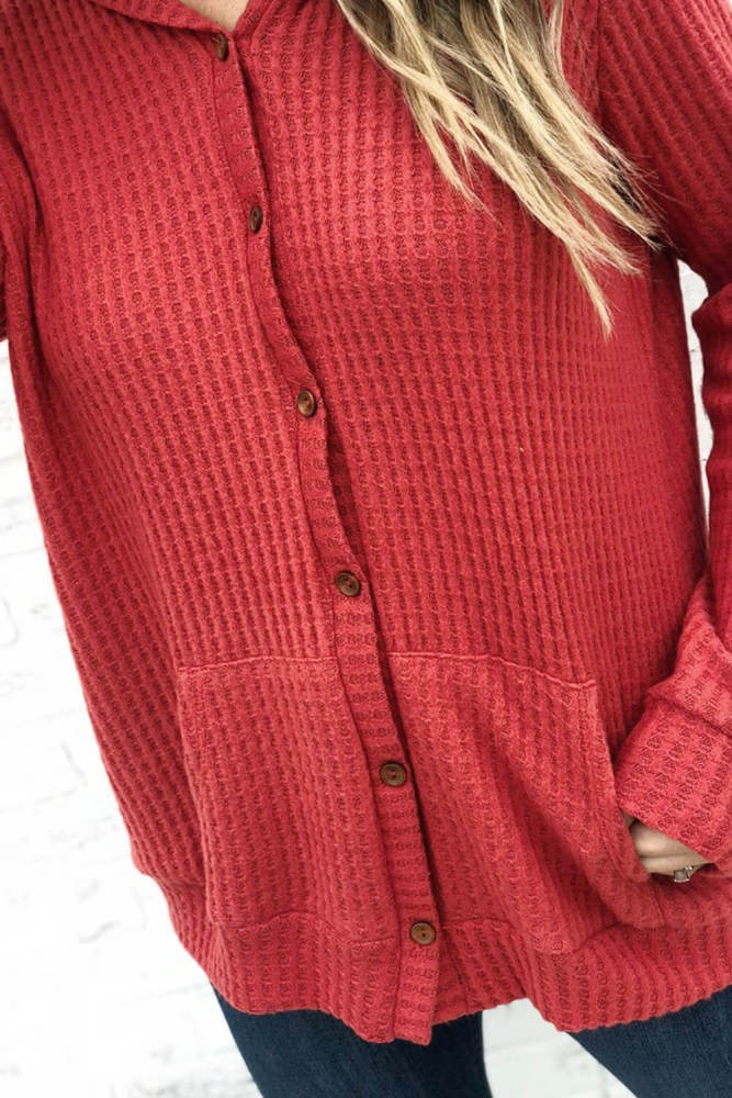 Red Open Front Pocket Button Down Knit Cardigan Coat
