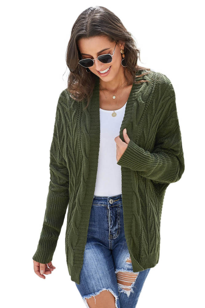 Green Dolman Sleeve Open Front Knit Cardigan