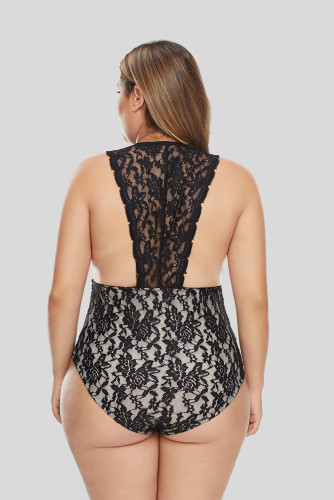 Black Plus Size Deep V Neck Floral Lace Lined Bodysuit