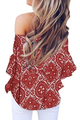 Red Bohemian Floral Print Off The Shoulder Blouse