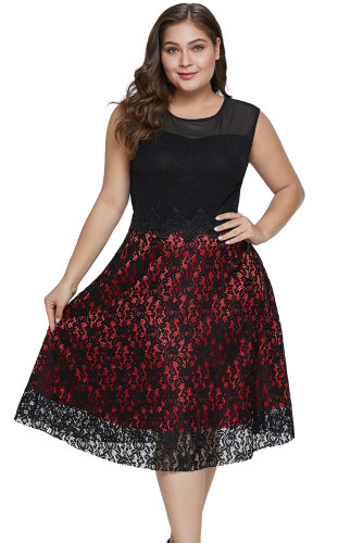 Red Sleeveless Flared Lace Plus Size Dress