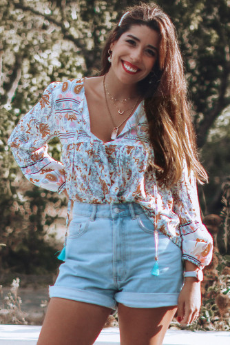 Orange Floral Vintage V Neck Blouse