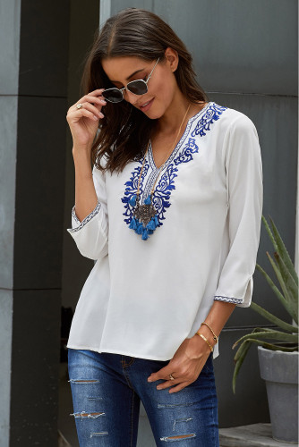 White Vintage Floral Print V-Neckline 3/4 Sleeves Blouse