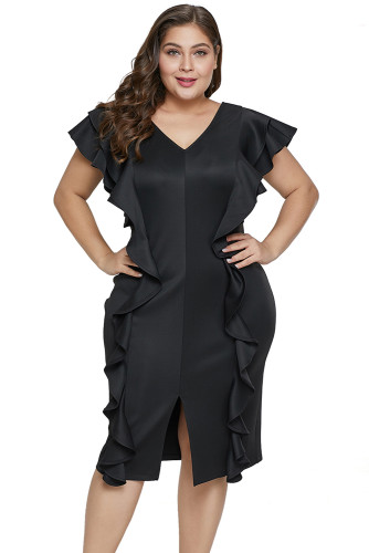 Black Ruffled Flutter Sleeve Plus Size Dress