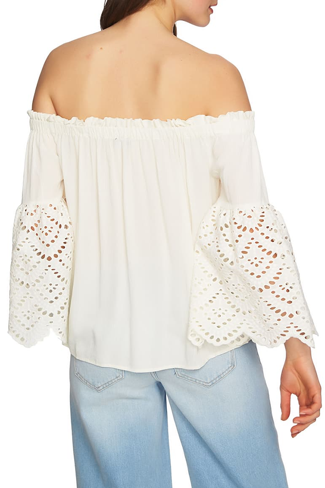 White Off The Shoulder Eyelet Sleeves Blouse