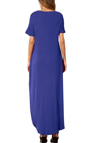 Blue Casual Loose Pocket Short Sleeve Split Maxi Dress
