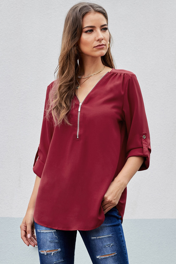 Red Casual V Neck Zip up Half Sleeve Blouse