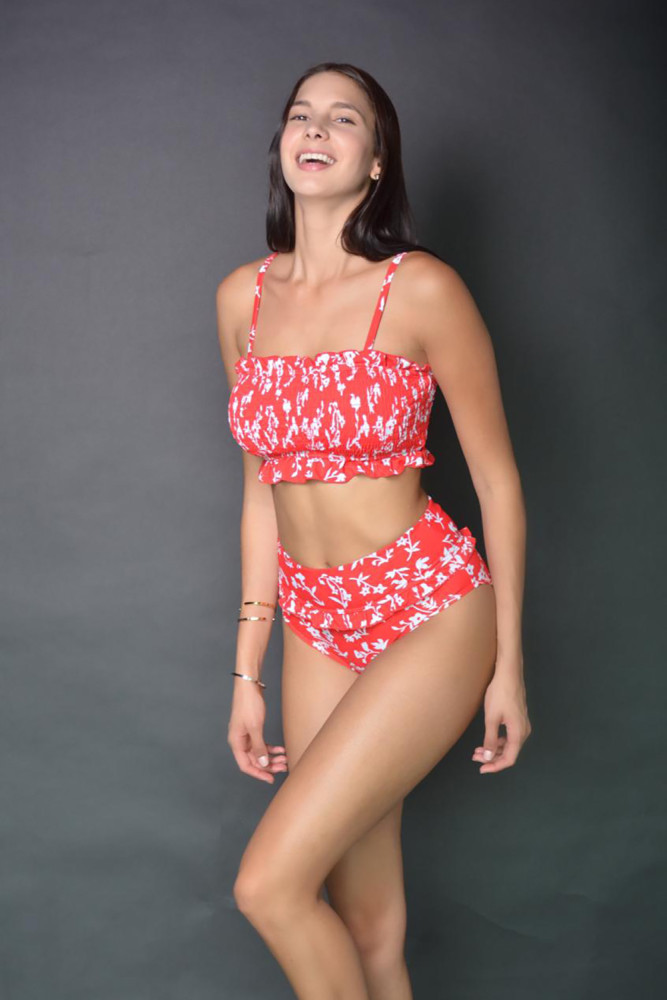 Red Floral Print Crop Top Bikini Set
