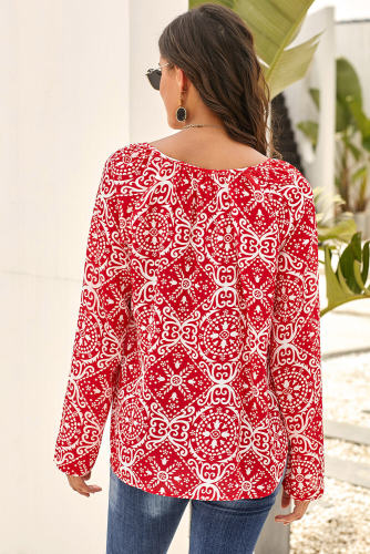 Red Long Sleeve V Neck Printed Chiffon Blouse