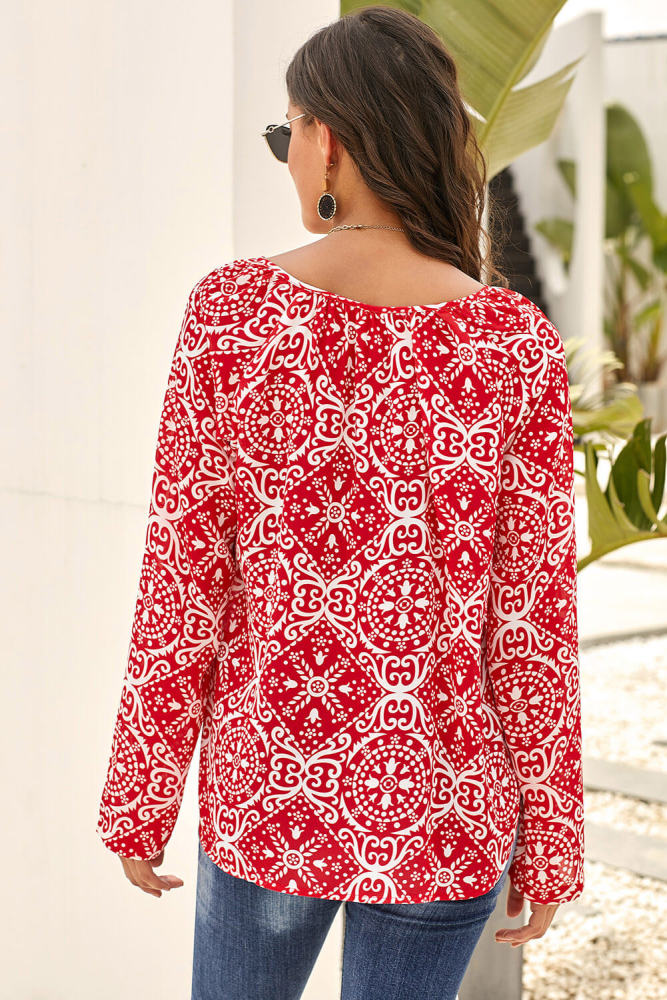 Red Long Sleeve V Neck Printed Chiffon Blouse