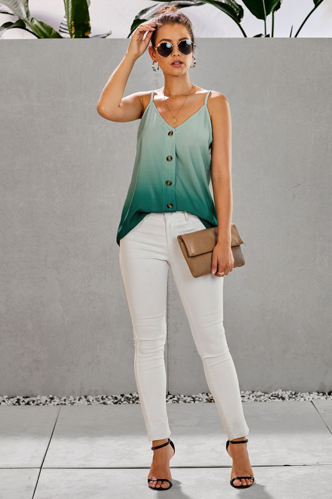 Green Ombre Button Down V Neck Strappy Tank Top