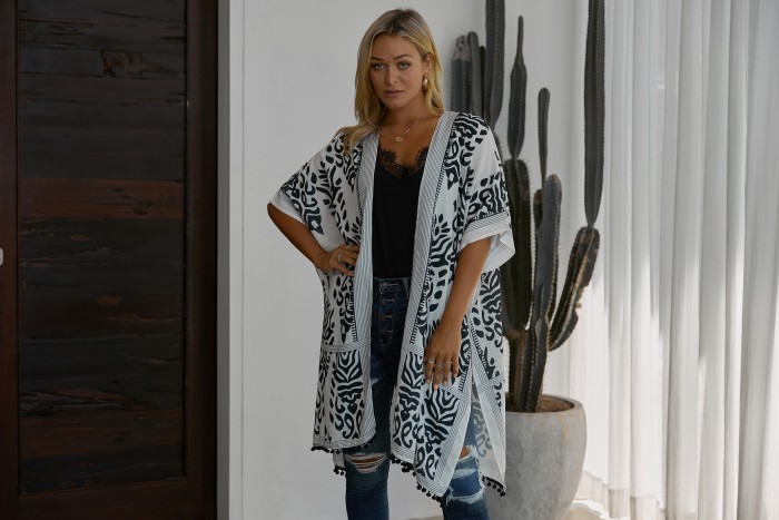 Black Prowess Pom Pom Kimono