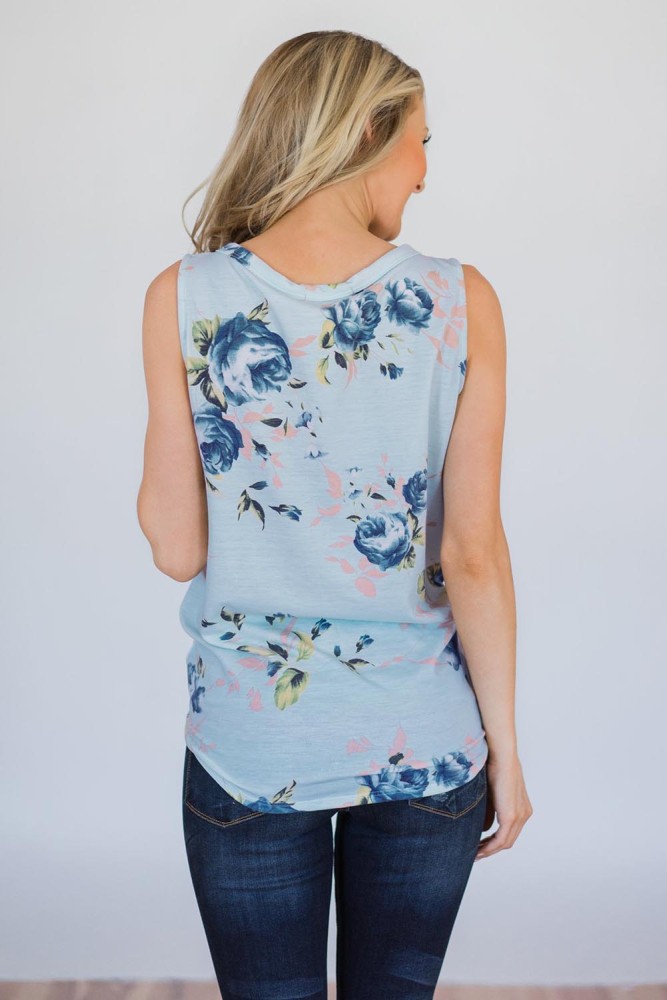 Sky Blue Touch The Sky Open Front Floral Tank Top
