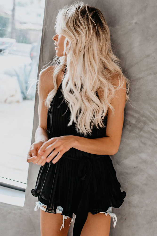 Black Pleats To Meet You Tie Top